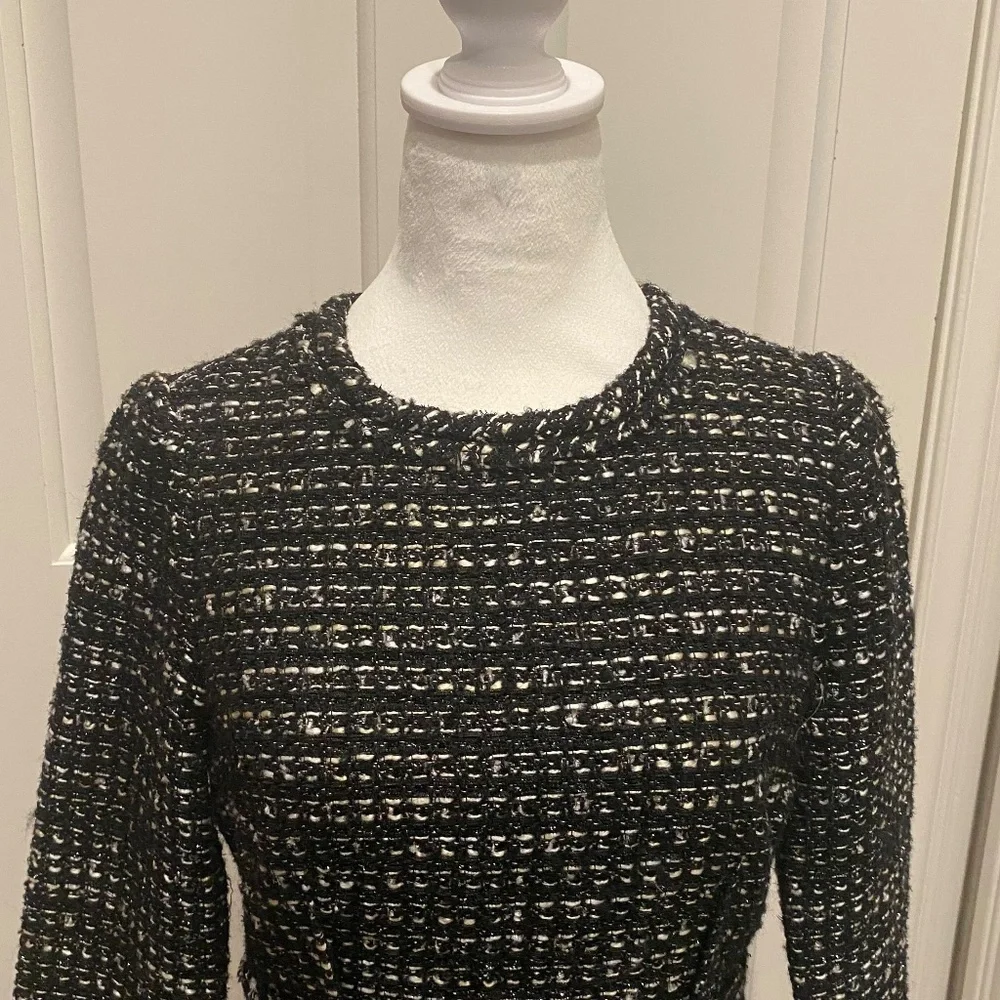 J. Crew Collection Shimmer Tweed fringe trim dress black white 16351